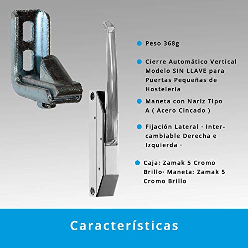 Cierre Automático de Palanca Sin llave para Puerta Frigorífico, Congelador y/o Cámara | Maneta con Nariz Tipo A (Acero Cincado) | Intercambiable Derecha e Izquierda | Zamak 5 de Brillo Cromado