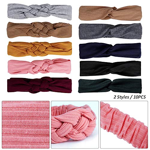 Cinta de Pelo Mujer, Diademas Nudo de Punto de Algodón Elástico para Mujer Niña, Boho Turbante para Deportes al Aire Libre Banda Yoga Cabeza Wraps(10PCS)