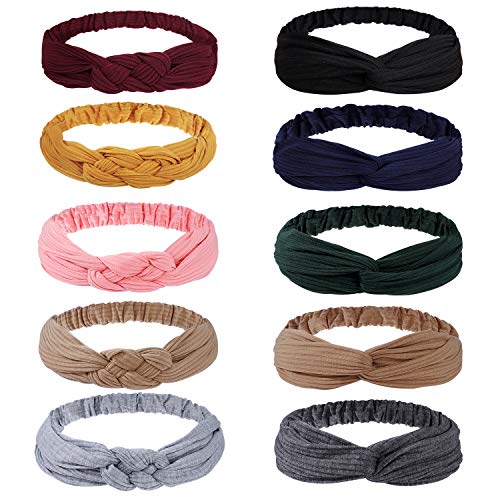 Cinta de Pelo Mujer, Diademas Nudo de Punto de Algodón Elástico para Mujer Niña, Boho Turbante para Deportes al Aire Libre Banda Yoga Cabeza Wraps(10PCS)