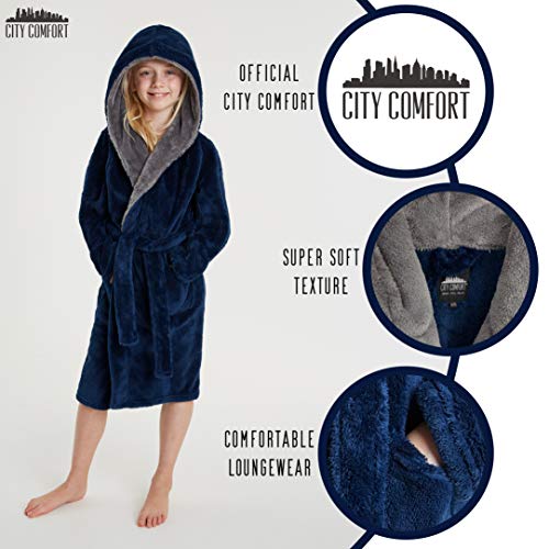 CityComfort Bata Forro Polar Niño, Albornoz Niño de Estar por Casa, Batas de Casa con Capucha y Cinturon, Regalos para Niños y Niñas Edad 7-14 Años (13-14 años, Azul)