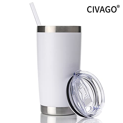 CIVAGO Vaso de 20 onzas con tapa y pajita, taza de café con aislamiento al vacío de acero inoxidable, taza de viaje con revestimiento de polvo de doble pared (blanco, 1 paquete)