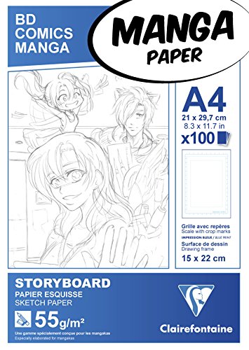 Clairefontaine 94037C Bloc Encollé Manga et Storyboard - 100 Feuilles Papier Esquisse Blanc A4 21x29,7 cm 55g - Papier imprimé avec une Graduation Simple