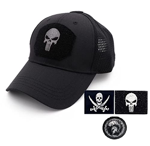 CLIPSEAM Gorras 3 Parches De Hombre Mujer Punisher Gorra De Béisbol Táctica Espartano Crossfit Camuflaje Ejército Militar Airsoft Caza Camping Pesca (Negro)