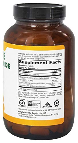 Clorhidrato de betaína, con pepsina, 600 mg, 250 tabletas - Vida en el campo