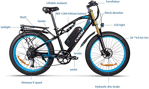 CM-900 Bicicleta eléctrica de neumático Grueso de 26 Pulgadas 48V 17AH Batería de Litio Pedal asistido Playa Bicicleta eléctrica de montaña Frenos de Disco hidráulicos Shimano de 9 velocidades