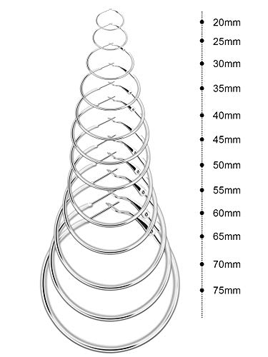 CNNIK Juego de 12 pares de aretes de aro para las orejas y las mujeres y las niñas, diámetro: 20-75 mm, plata