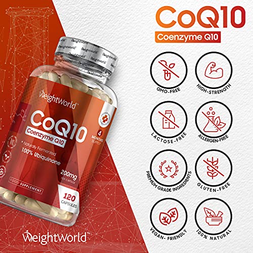 Coenzima Q10 200mg, 120 Cápsulas Vegano - Suplemento CoQ10 De la Fermentación de la Ubiquinona, Co Q10 100% Natural de Alta Biodisponibilidad y Absorción, Suministro para 4 Meses, Sin Gluten