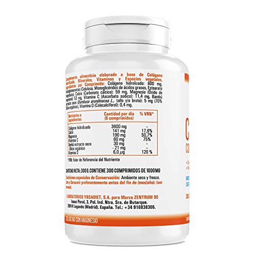 Colágeno con Magnesio 300 Comprimidos| Colágeno Hidrolizado con Calcio + Vitamina C + Vitamina D| Energía y Articulaciones Fuertes| Z90