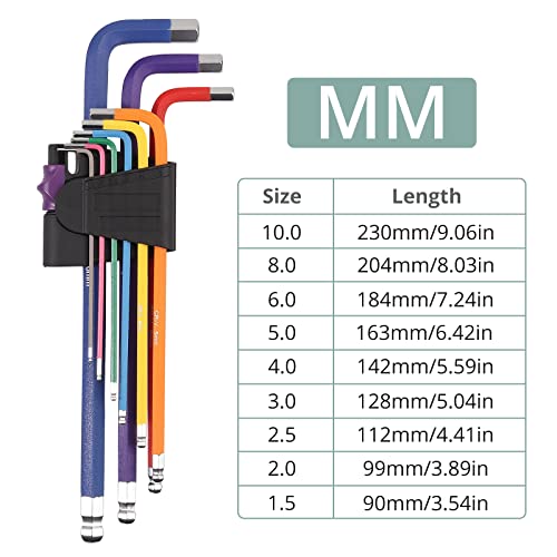 COLFULINE 18 PCS Kit de Llaves Extremo de Allen Hexagonales de Colores con Métrico y Pulgadas, Brazo Largo,Juego de Llaves con Multicolor,Kit Llaves con Mango en T,Herramientas para Bricolaje, Trabajo