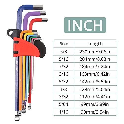 COLFULINE 18 PCS Kit de Llaves Extremo de Allen Hexagonales de Colores con Métrico y Pulgadas, Brazo Largo,Juego de Llaves con Multicolor,Kit Llaves con Mango en T,Herramientas para Bricolaje, Trabajo