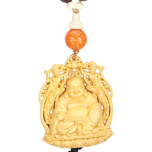 Colgante de Buda de Boj, Amarillo Tallado de Doble Cara Amuleto de Encanto de Coche Orar con Decoración de Significado de Seguridad(Maitreya)