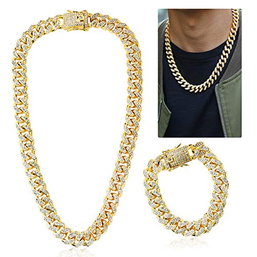 Collar Cadena 45cm + Pulsera 20cm con Diamante de Imitación Dorado Hip Hop Cubana para Hombre Mujer de Aleacion