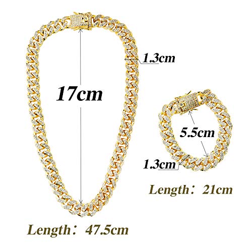 Collar Cadena 45cm + Pulsera 20cm con Diamante de Imitación Dorado Hip Hop Cubana para Hombre Mujer de Aleacion