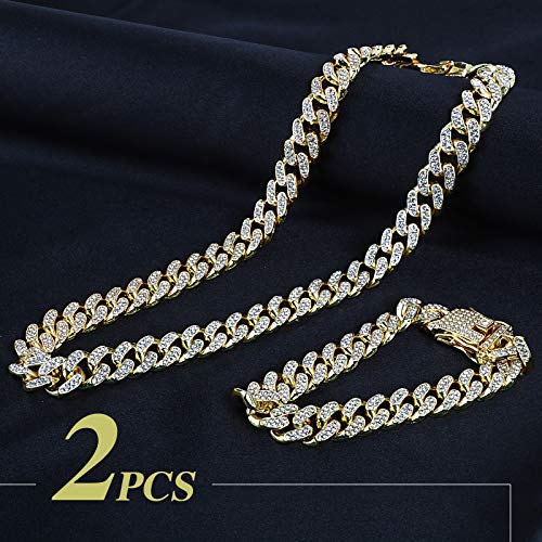 Collar Cadena 45cm + Pulsera 20cm con Diamante de Imitación Dorado Hip Hop Cubana para Hombre Mujer de Aleacion