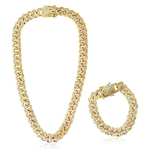 Collar Cadena 45cm + Pulsera 20cm con Diamante de Imitación Dorado Hip Hop Cubana para Hombre Mujer de Aleacion