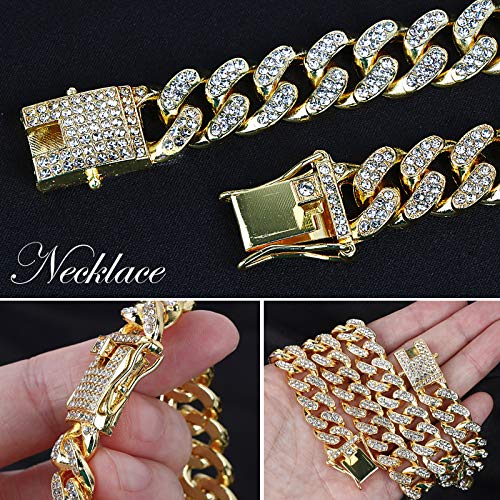 Collar Cadena 45cm + Pulsera 20cm con Diamante de Imitación Dorado Hip Hop Cubana para Hombre Mujer de Aleacion