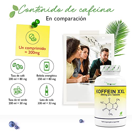 Comprimidos de cafeína con 200 mg cada uno - 500 comprimidos - Sin aditivos no deseados - Altamente dosificado - Vegano