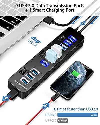 Concentrador USB 3.0 de 10 puertos con fuente de alimentación Distribuidor USB con concentrador de datos de 9 puertos + 1 puerto de carga inteligente Interruptor de datos de 5 Gbps de 20 W