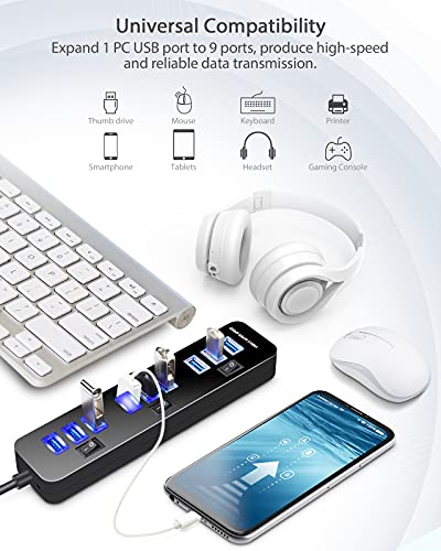 Concentrador USB 3.0 de 10 puertos con fuente de alimentación Distribuidor USB con concentrador de datos de 9 puertos + 1 puerto de carga inteligente Interruptor de datos de 5 Gbps de 20 W