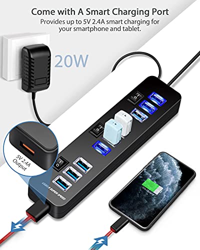 Concentrador USB 3.0 de 10 puertos con fuente de alimentación Distribuidor USB con concentrador de datos de 9 puertos + 1 puerto de carga inteligente Interruptor de datos de 5 Gbps de 20 W