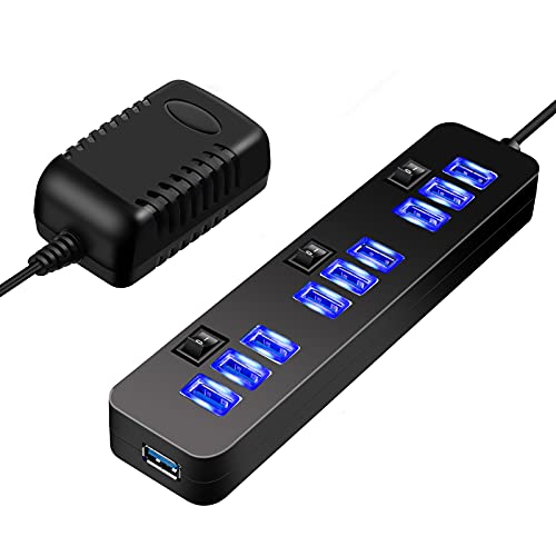 Concentrador USB 3.0 de 10 puertos con fuente de alimentación Distribuidor USB con concentrador de datos de 9 puertos + 1 puerto de carga inteligente Interruptor de datos de 5 Gbps de 20 W