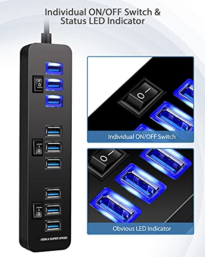 Concentrador USB 3.0 de 10 puertos con fuente de alimentación Distribuidor USB con concentrador de datos de 9 puertos + 1 puerto de carga inteligente Interruptor de datos de 5 Gbps de 20 W