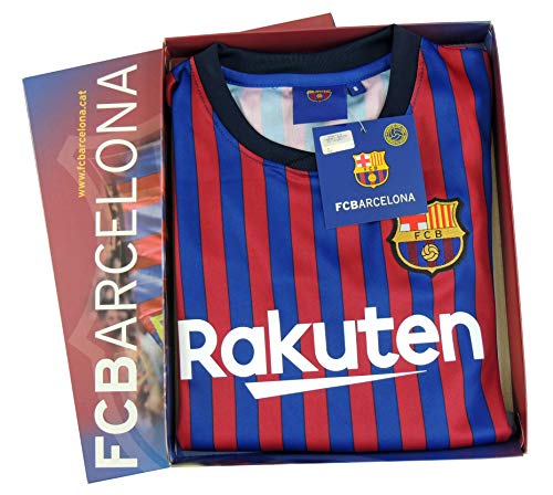 Conjunto Camiseta y Pantalon 1ª Equipación 2018-2019 FC. Barcelona - Réplica Oficial Licenciado - Dorsal Liso - NiñoTalla 10 años - Medidas Pecho 43.5 - Largo Total 59 - Largo Manga 16 cm.