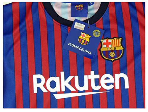 Conjunto Camiseta y Pantalon 1ª Equipación 2018-2019 FC. Barcelona - Réplica Oficial Licenciado - Dorsal Liso - NiñoTalla 10 años - Medidas Pecho 43.5 - Largo Total 59 - Largo Manga 16 cm.
