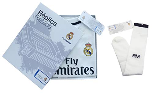 Conjunto Complet Infantil Real Madrid Réplica Oficial Licenciado de la Primera Equipación Temporada 2018-19 Sin Dorsal (14 años)