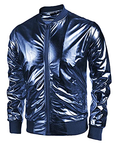 COOFANDY Chaqueta de béisbol para hombre metalizado de los años 70 con botón y cremallera, azul marino, S