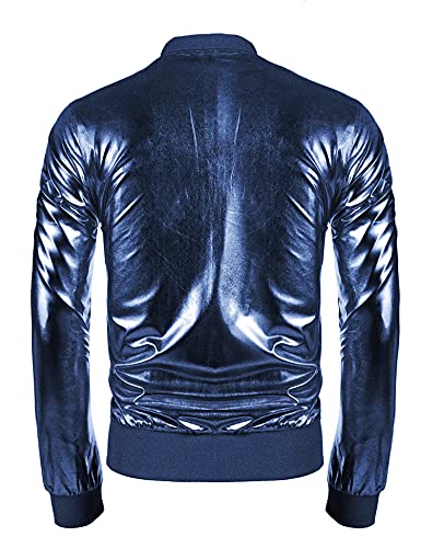 COOFANDY Chaqueta de béisbol para hombre metalizado de los años 70 con botón y cremallera, azul marino, S