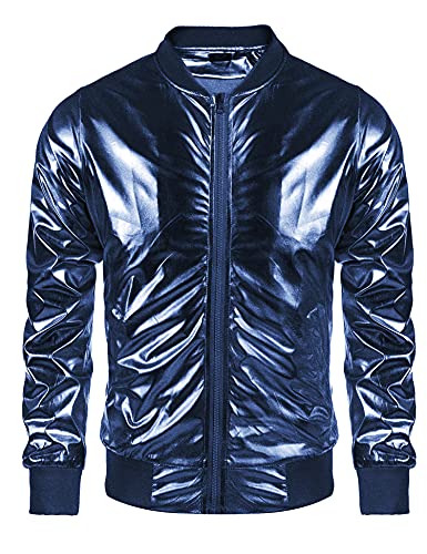 COOFANDY Chaqueta de béisbol para hombre metalizado de los años 70 con botón y cremallera, azul marino, S