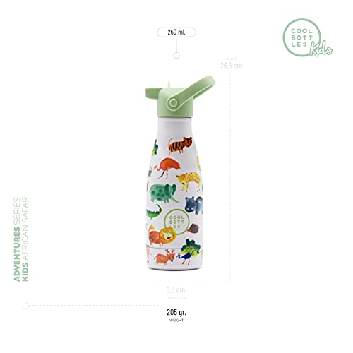 Cool Bottles - Botella de Agua de Acero Inoxidable - 260 ml - African Safari- Botella de Agua para Niños - 26,5x7cm- Bebidas frías 36 horas y calientes 18 horas - Libre de BPA - Triple-Cool Technology