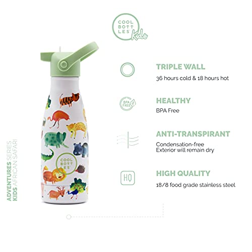 Cool Bottles - Botella de Agua de Acero Inoxidable - 260 ml - African Safari- Botella de Agua para Niños - 26,5x7cm- Bebidas frías 36 horas y calientes 18 horas - Libre de BPA - Triple-Cool Technology