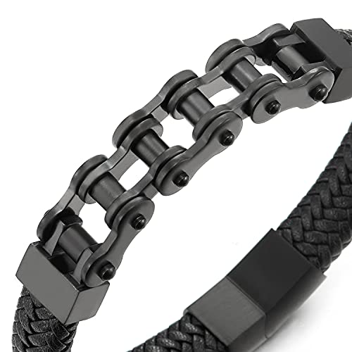 COOLSTEELANDBEYOND Acero Bike Chain, Negro Cadena Bici Motocicleta Pulsera, Negro Cuero Trenzado Brazalete de Hombre