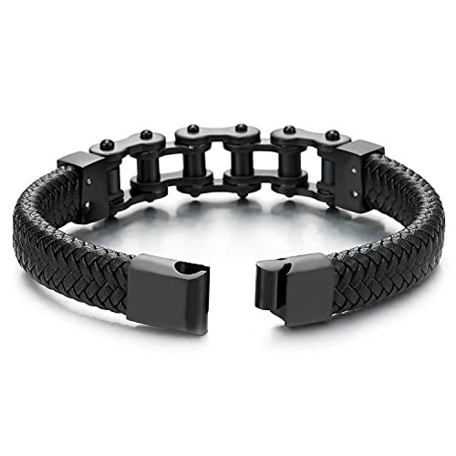 COOLSTEELANDBEYOND Acero Bike Chain, Negro Cadena Bici Motocicleta Pulsera, Negro Cuero Trenzado Brazalete de Hombre