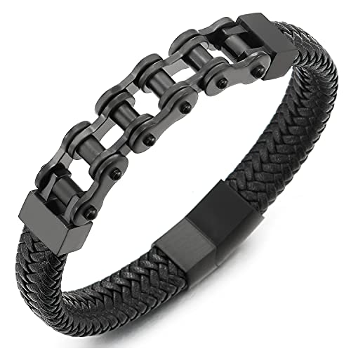 COOLSTEELANDBEYOND Acero Bike Chain, Negro Cadena Bici Motocicleta Pulsera, Negro Cuero Trenzado Brazalete de Hombre