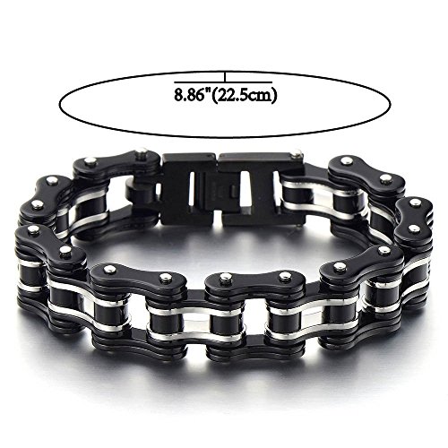 COOLSTEELANDBEYOND Primera Calidad, Pulsera de Hombre, Brazalete de Acero Inoxidable, Bike Chain, Cadena Bici, Color Negro Plata