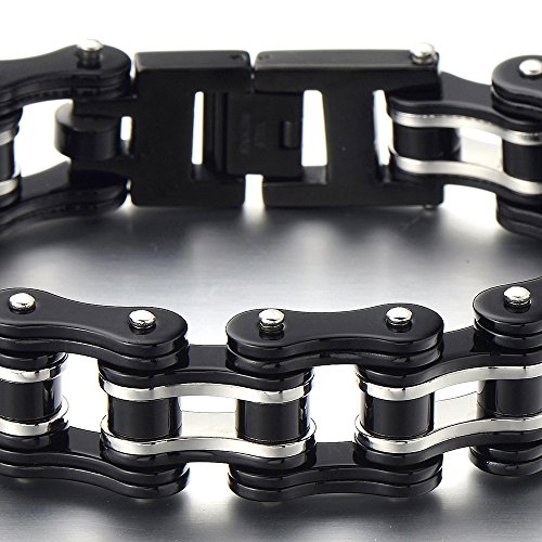 COOLSTEELANDBEYOND Primera Calidad, Pulsera de Hombre, Brazalete de Acero Inoxidable, Bike Chain, Cadena Bici, Color Negro Plata