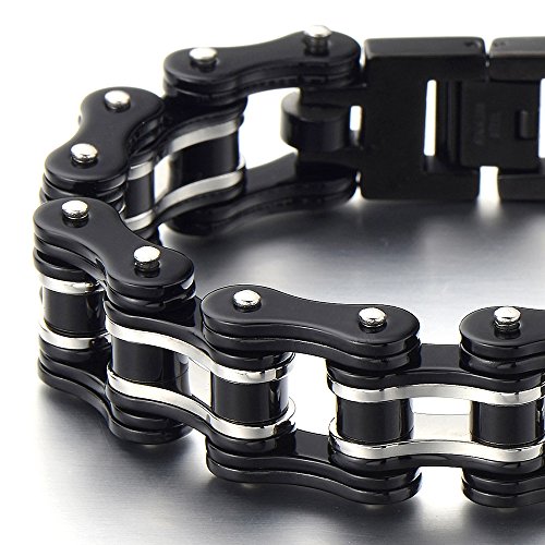 COOLSTEELANDBEYOND Primera Calidad, Pulsera de Hombre, Brazalete de Acero Inoxidable, Bike Chain, Cadena Bici, Color Negro Plata