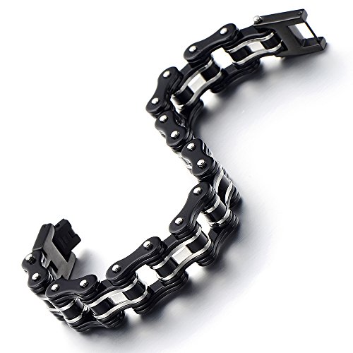 COOLSTEELANDBEYOND Primera Calidad, Pulsera de Hombre, Brazalete de Acero Inoxidable, Bike Chain, Cadena Bici, Color Negro Plata