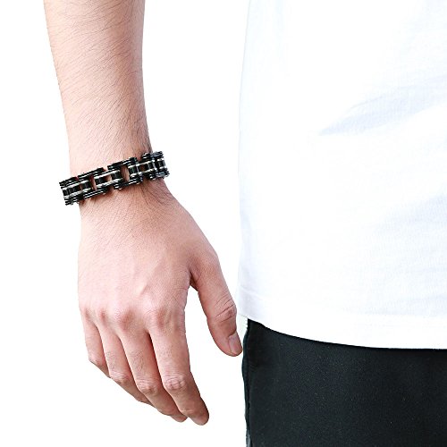 COOLSTEELANDBEYOND Primera Calidad, Pulsera de Hombre, Brazalete de Acero Inoxidable, Bike Chain, Cadena Bici, Color Negro Plata