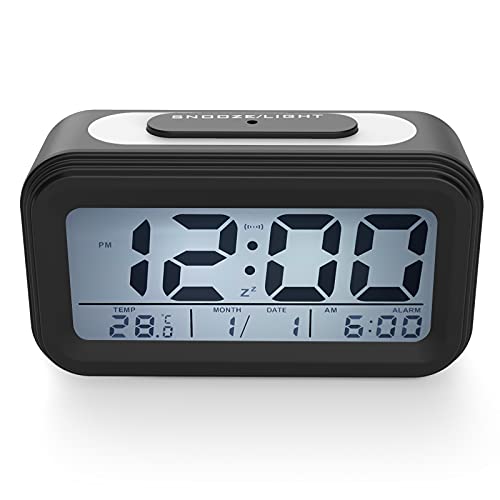 Coolzon Despertador Digital, Alarma Reloj Despertador Pilas para Infantil Niño Adulto, Despertador de Viaje Silencioso con Pantalla LED Calendario Temperatura Función Snooze Luz Nocturna, Negro