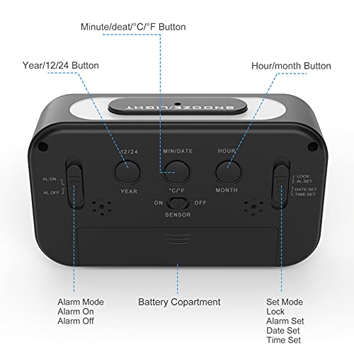 Coolzon Despertador Digital, Alarma Reloj Despertador Pilas para Infantil Niño Adulto, Despertador de Viaje Silencioso con Pantalla LED Calendario Temperatura Función Snooze Luz Nocturna, Negro