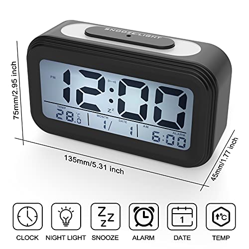 Coolzon Despertador Digital, Alarma Reloj Despertador Pilas para Infantil Niño Adulto, Despertador de Viaje Silencioso con Pantalla LED Calendario Temperatura Función Snooze Luz Nocturna, Negro