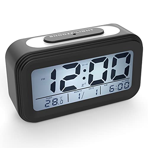 Coolzon Despertador Digital, Alarma Reloj Despertador Pilas para Infantil Niño Adulto, Despertador de Viaje Silencioso con Pantalla LED Calendario Temperatura Función Snooze Luz Nocturna, Negro