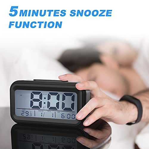 Coolzon Despertador Digital, Alarma Reloj Despertador Pilas para Infantil Niño Adulto, Despertador de Viaje Silencioso con Pantalla LED Calendario Temperatura Función Snooze Luz Nocturna, Negro