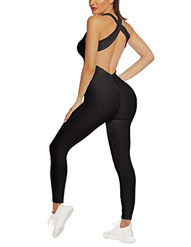 COOrun Ropa deportiva para mujer, ropa deportiva, mono de deporte, fitness, espalda descubierta, leggings, pantalones de yoga, Negro , S