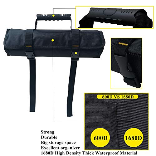 Copechilla bolsa herramientas enrollable negro con hebilla ajustable,22 bolsillos,goma asa,Material 1680D grueso impermeable y resistente al desgaste,bolsa portaherramientas emergencia 59X36CM