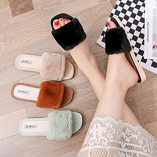 COQUI Chanclas,Zapatillas de algodón Versión Coreana Femenina de la Zapatilla de Piel de Moda Exterior Desgaste Plano Cuadrado Hebilla otoño e Invierno cálido Antideslizante-Verde_39